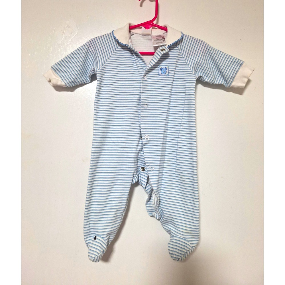 Bright Future Vintage Footed One-Piece Sleeper Blue White Stripe Bear Snap 3-6 M